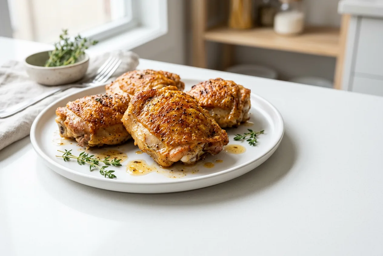 Crispy oven baked bone-in chicken thighs with golden brown skin on a plate