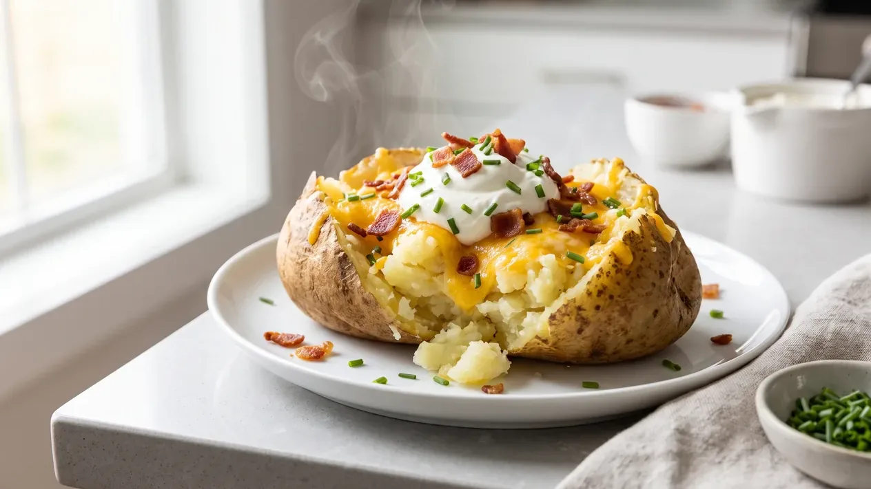 Loaded baked potatoes split open and topped with cheese, bacon, and green onion.