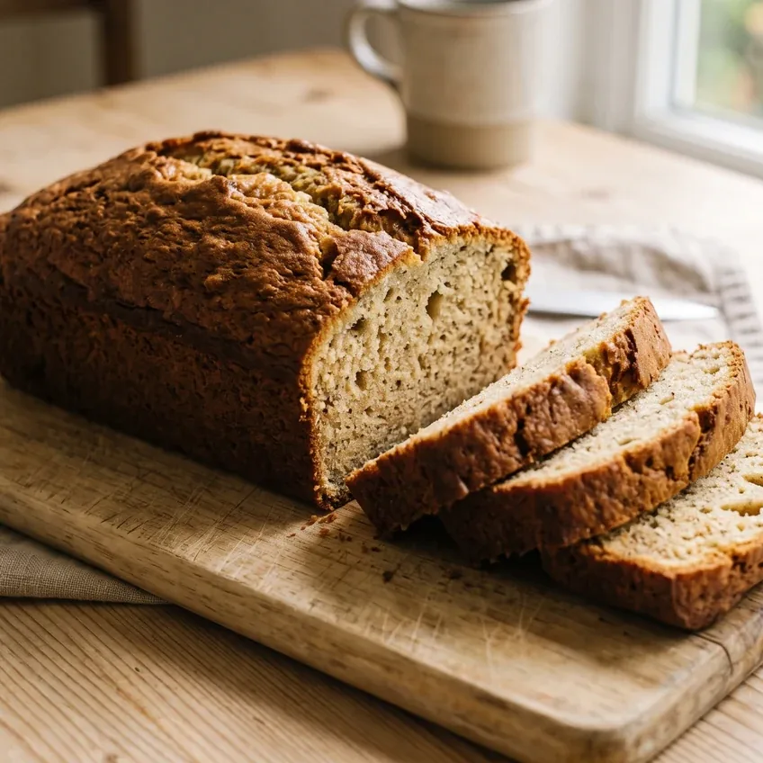 A golden-brown banana bread loaf on a wooden board with three slices cut from one end, showing a moist, tender crumb.