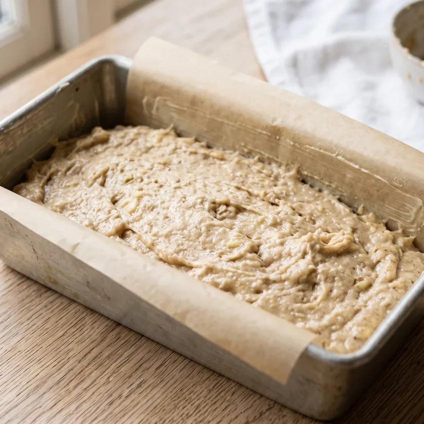 Banana bread batter spread in a greased metal loaf pan before baking, thick and slightly lumpy and filling the pan about two-thirds full.