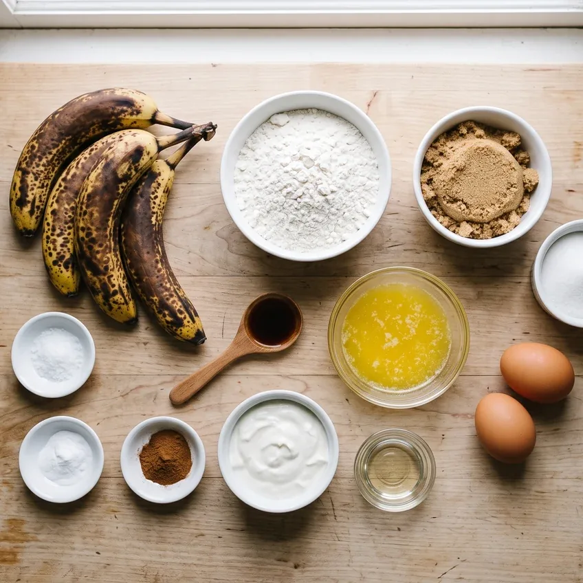 The banana bread ingredients arranged on a counter: four heavily spotted bananas, flour, brown and white sugar, melted butter, oil, eggs, sour cream, vanilla, baking soda, salt, and cinnamon.