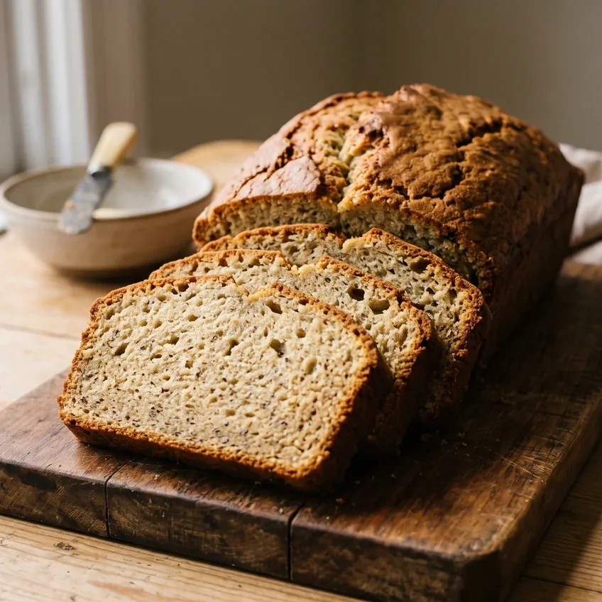 A banana bread loaf photographed from a low three-quarter angle with several slices fanned forward, showing the height of the loaf and its domed cracked top.