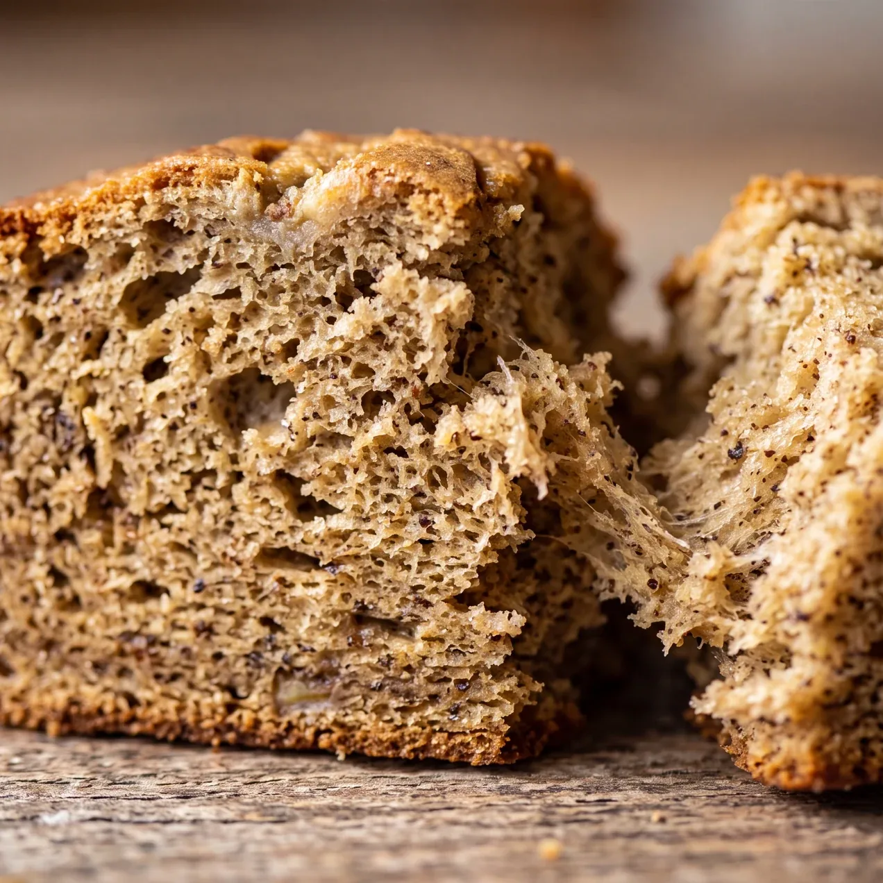 A slice of banana bread pulled gently apart to show soft strands of tender crumb along the tear, with a slightly moist surface.