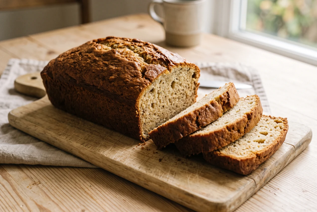 A golden-brown banana bread loaf on a wooden board with three slices cut from one end, showing a moist, tender crumb.