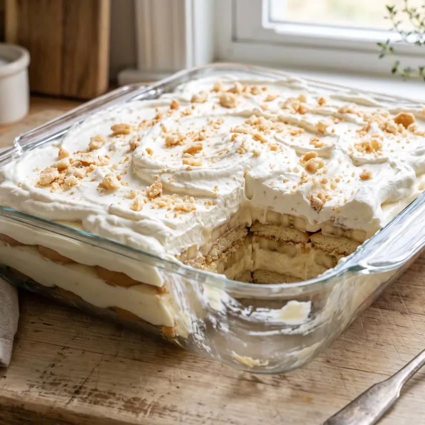 A 9x13 dish of banana pudding with a swirled whipped cream top and crushed vanilla wafers, one corner scooped out to show the layers.