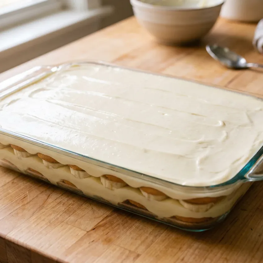 The finished dish before chilling, the top layer of pudding spread flat and edge to edge with no wafers or banana showing through.