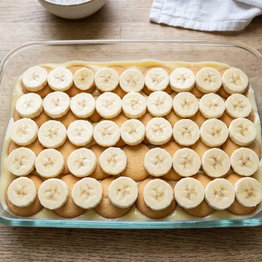 Banana slices laid in a close single layer over vanilla wafers in a baking dish, the slices about a quarter inch thick and slightly overlapping.