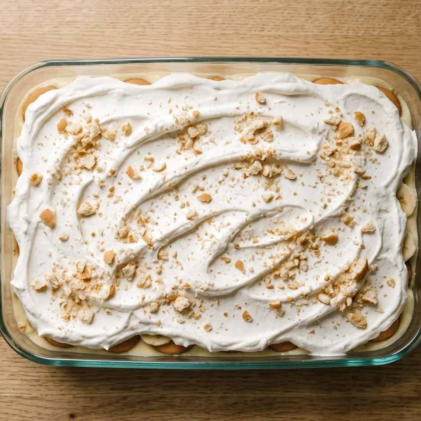 The chilled dish after four hours, topped with softly swirled whipped cream and a scatter of crushed vanilla wafers.