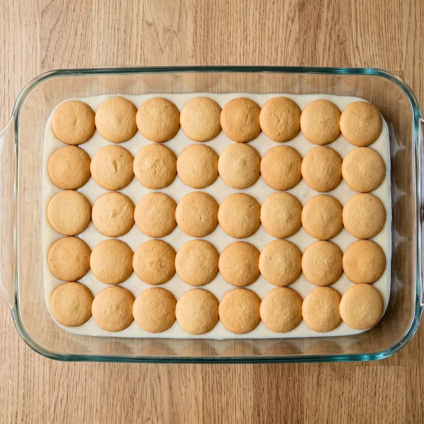 A 9x13 glass dish with a thin layer of pudding spread across the bottom and a single close-packed layer of vanilla wafers on top.
