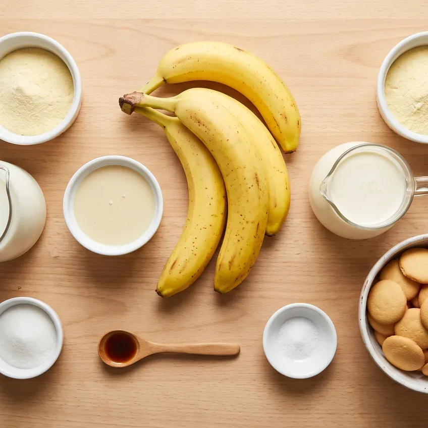 Banana pudding ingredients on a counter: two boxes of instant vanilla pudding, milk, sweetened condensed milk, heavy cream, sugar, vanilla, salt, vanilla wafers and four bananas.