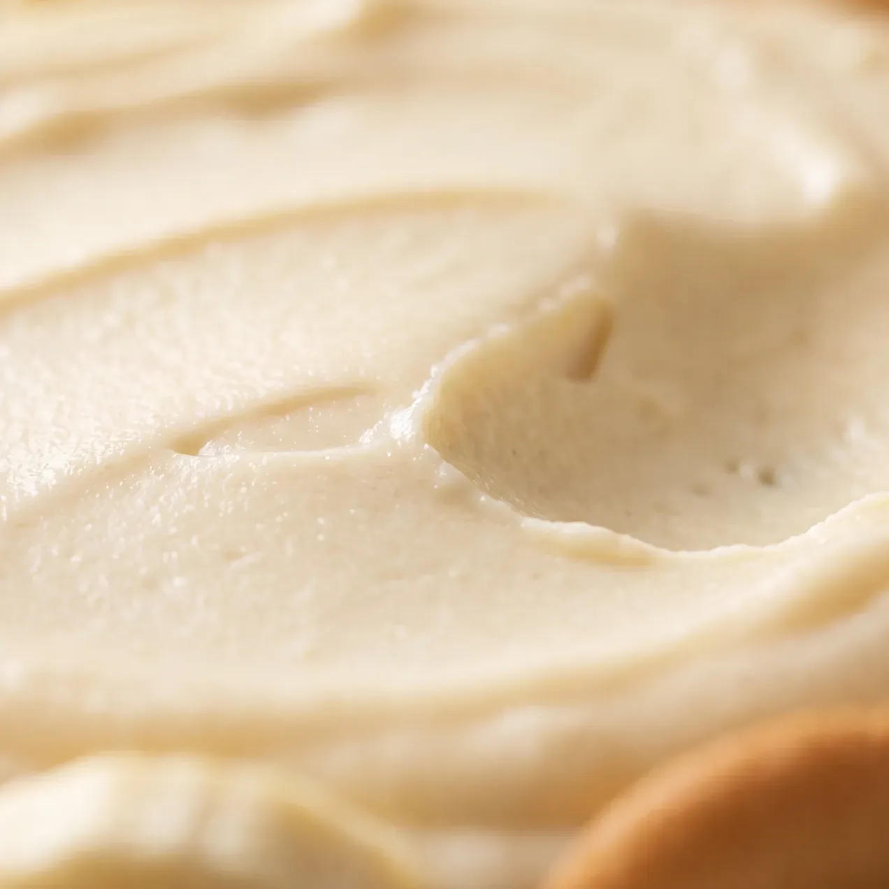 Extreme close-up of the pudding layer, pale ivory and smooth with a soft matte sheen and no lumps or grainy texture.