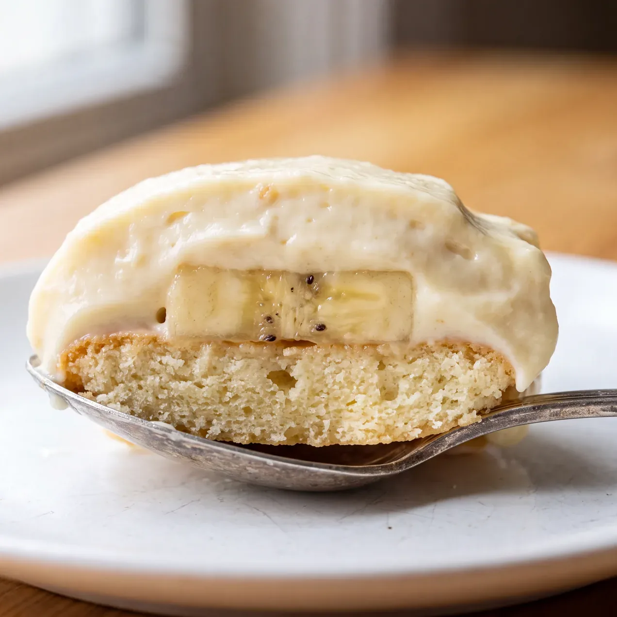 Extreme close-up of a spoonful of banana pudding held on its side, showing a cake-soft wafer, a banana slice and thick pudding in distinct bands.