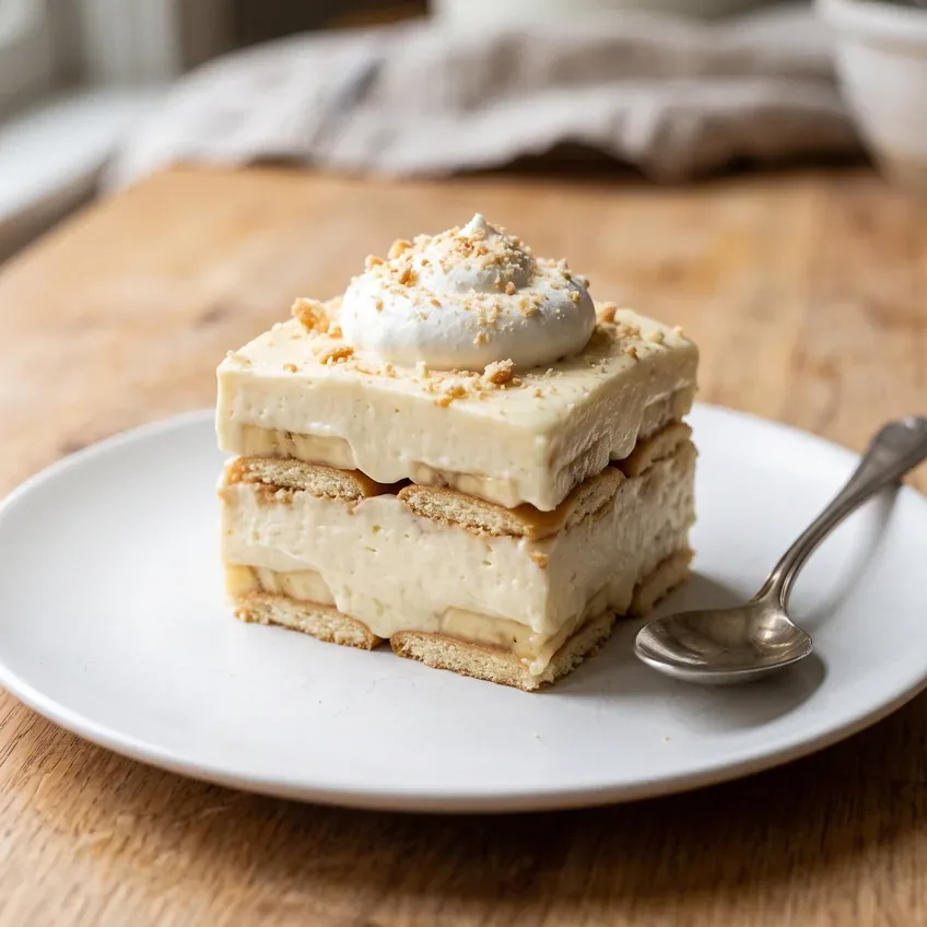 A single served portion of banana pudding in a bowl, holding its shape with visible bands of softened wafer, banana and pudding.