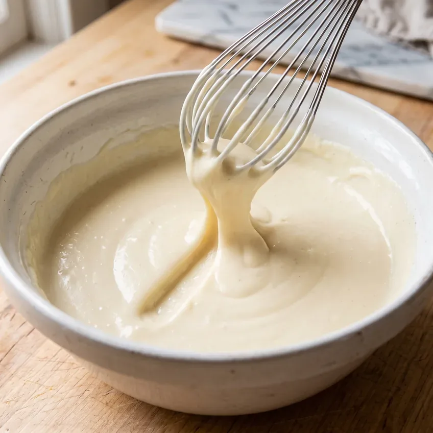A bowl of set vanilla pudding with a whisk lifted out, the pudding holding a soft peak and a clean trail where the whisk passed.