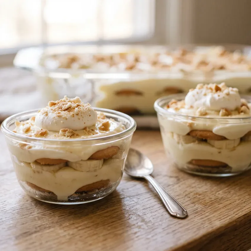 Two glass dishes of banana pudding on a counter beside the baking dish, each portion showing pale pudding, banana slices and softened wafers.