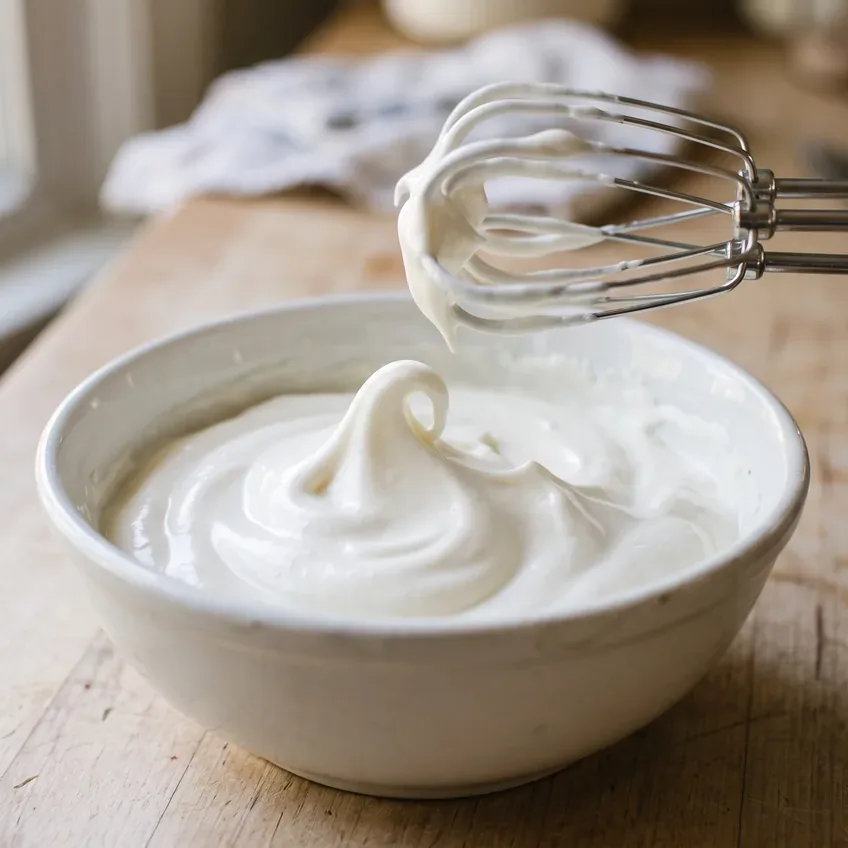 A bowl of whipped cream at medium peaks, the beater lifted to show a peak that curls over at the tip rather than standing straight.