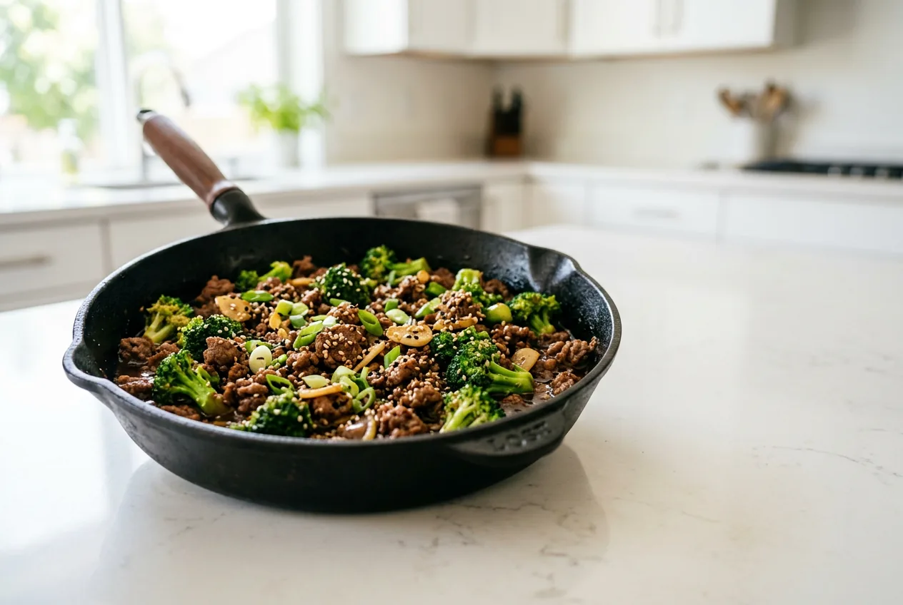 A skillet of ground beef and broccoli stir fry in a glossy brown soy sauce served over rice
