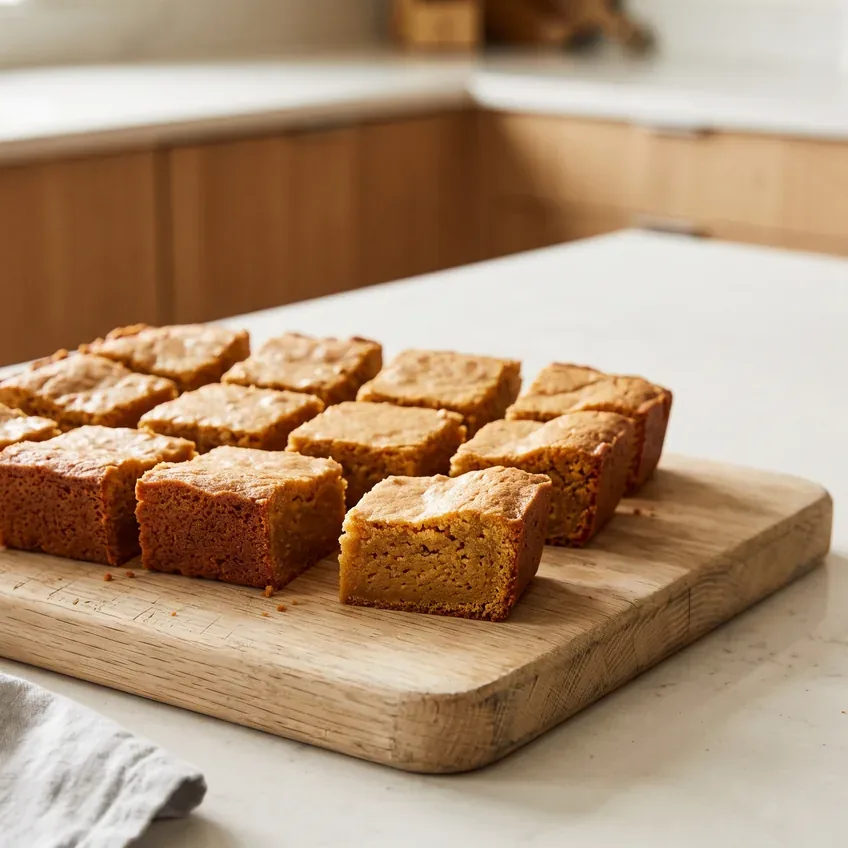 Chewy blondies cut into squares on a wooden board, one turned on its side to show a dense golden crumb and a lightly crinkled top.