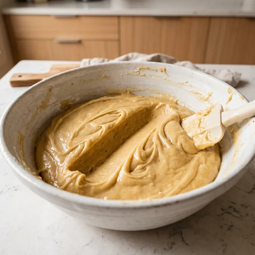 Finished blondie batter in a bowl, thick and pale gold, holding the mark of a spatula with no dry flour visible anywhere.