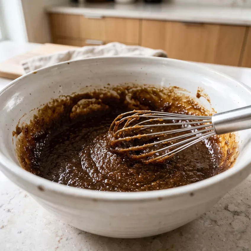 Melted butter whisked into light brown sugar in a bowl, forming a thick, glossy, wet-sand paste with a whisk resting in it.