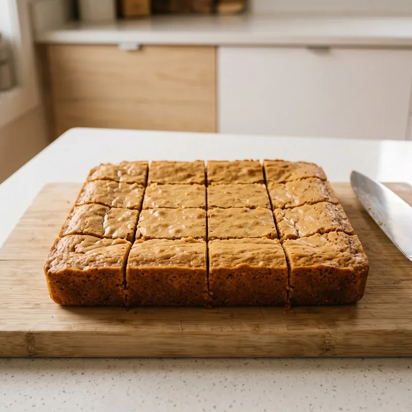 The cooled slab cut into a four-by-four grid of sixteen squares, still sitting together on the board with clean straight knife lines between them.