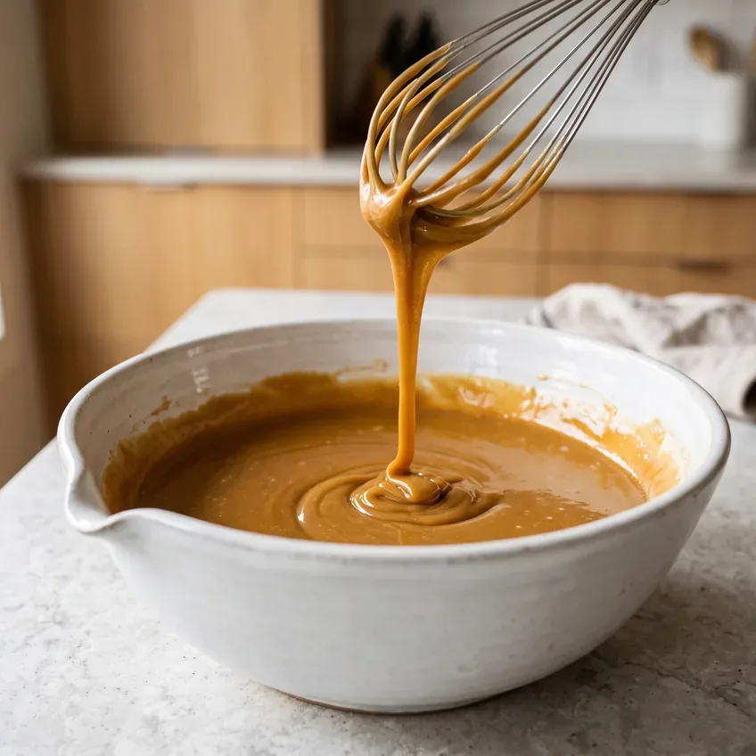The batter after the egg, yolk and vanilla are whisked in, noticeably smoother, looser and shinier than the sugar paste before it.