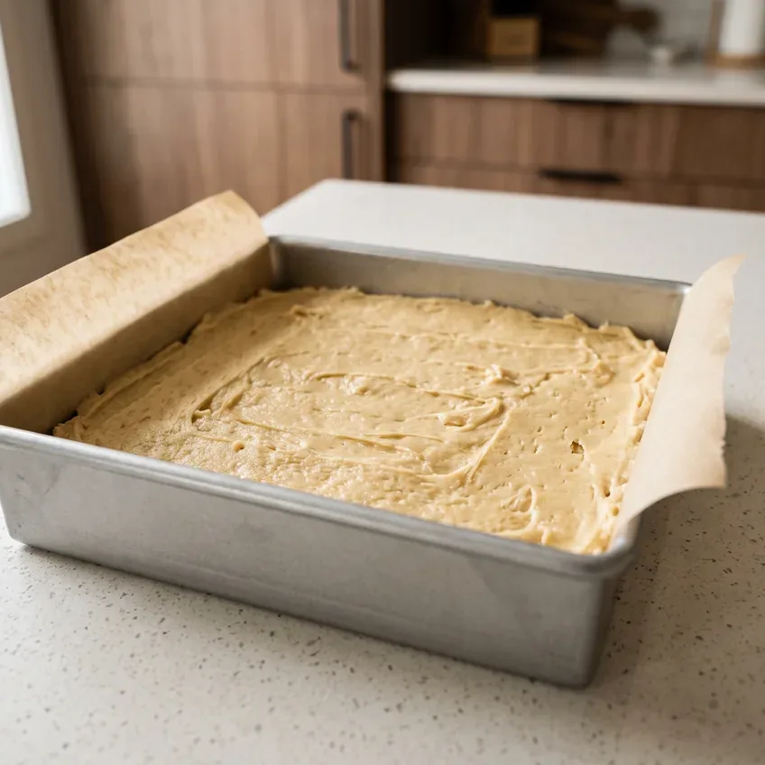 Blondie batter spread evenly into a parchment-lined 8-inch square metal pan, filling it a shallow even layer with a level surface.