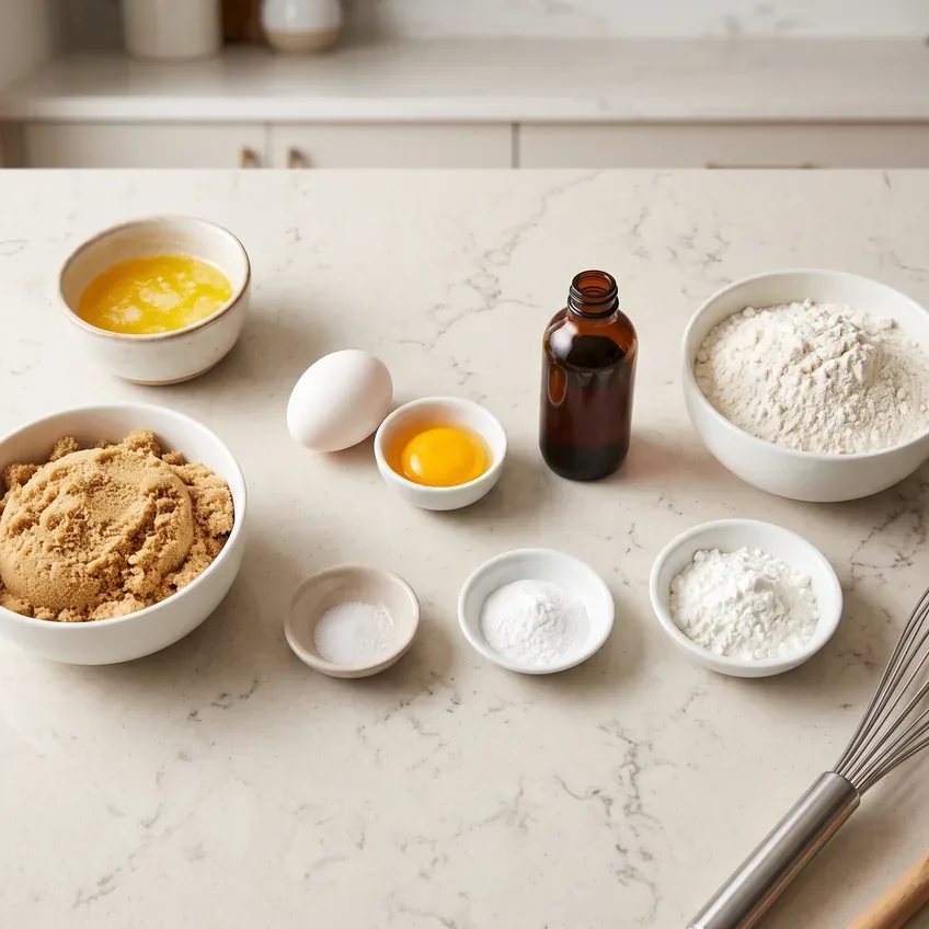 Blondie ingredients on a counter: melted butter, light brown sugar, one egg and one yolk, vanilla, flour, cornstarch, baking powder and salt.