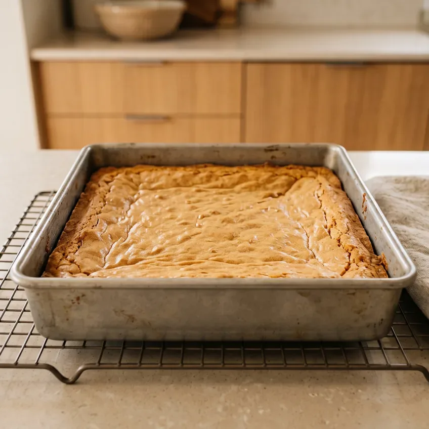 The pan of blondies straight from the oven, the top set and lightly crinkled with golden edges pulling slightly away from the sides.