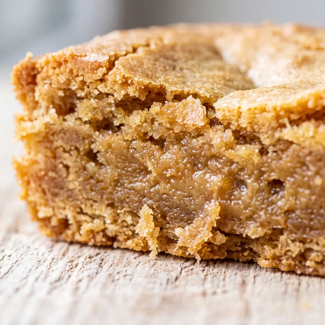Extreme close-up of a torn blondie showing a dense, moist, tight golden crumb with no large air holes and no cake-like open structure.