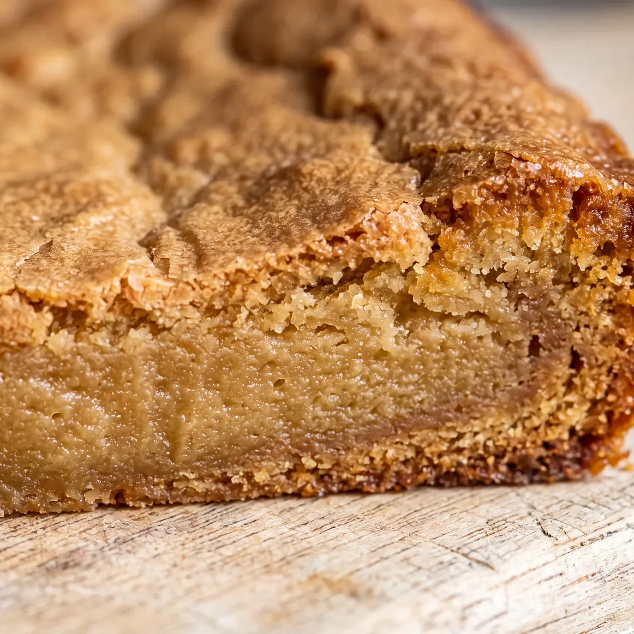 Extreme close-up of the corner of a blondie, showing a darker chewier edge and thin crinkled top giving way to a paler soft centre.