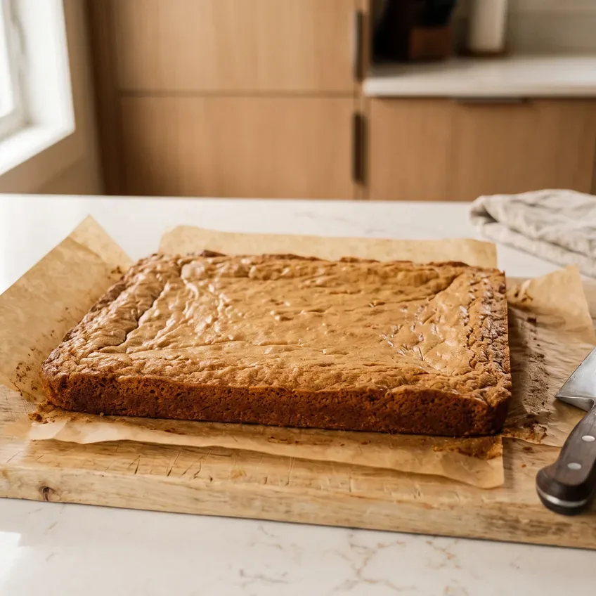 The whole slab of baked blondies lifted out of the pan on its parchment sling and set on a counter, uncut and evenly golden.