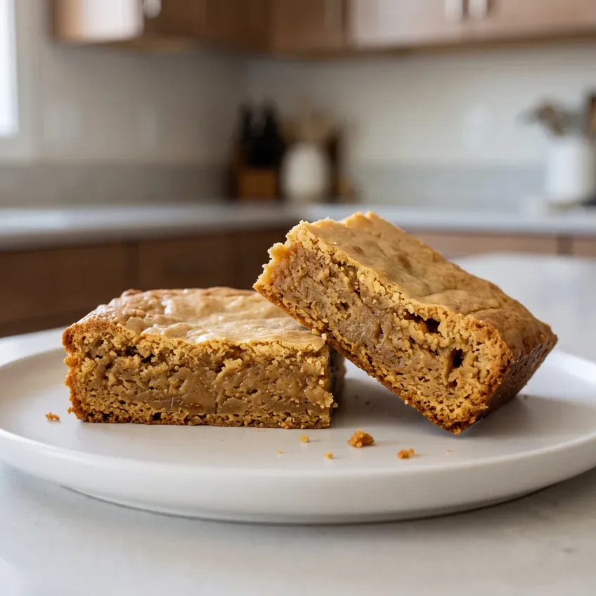 Two cut blondie squares on a white plate, one lying flat and one tipped against it so the cut side shows a dense golden crumb under a thin crinkled top.