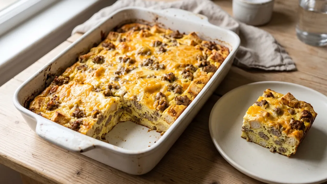 A sausage, egg and cheese breakfast casserole in a baking dish, one of the breakfast recipes in this collection.