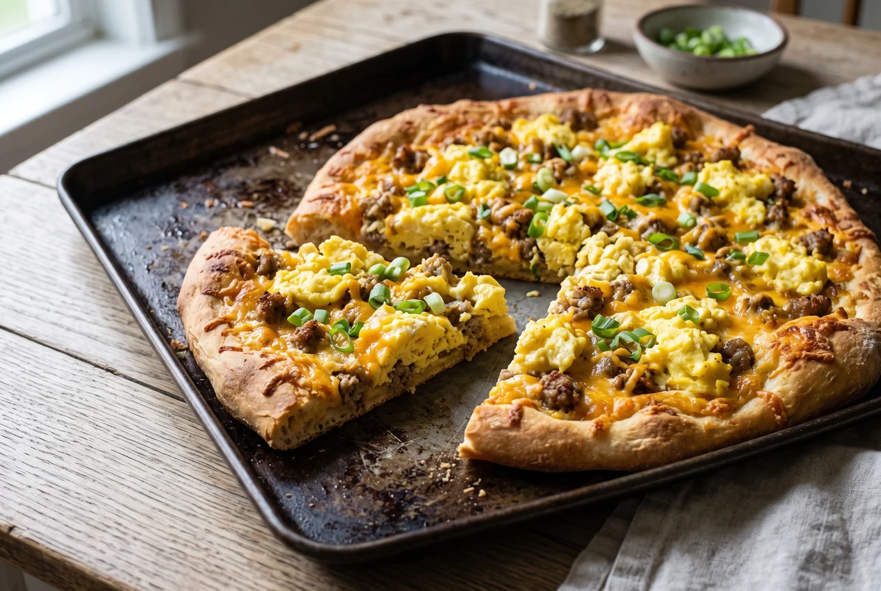 A sheet-pan breakfast pizza on golden crust topped with browned sausage, scrambled eggs, and melted cheddar, with one square slice pulled away.