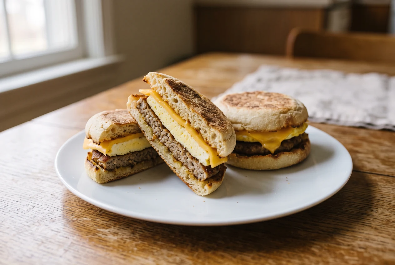A sausage, egg, and cheese breakfast sandwich on a toasted English muffin cut in half to show the baked egg layer, browned sausage patty, and melted American cheese, with a whole sandwich beside it.
