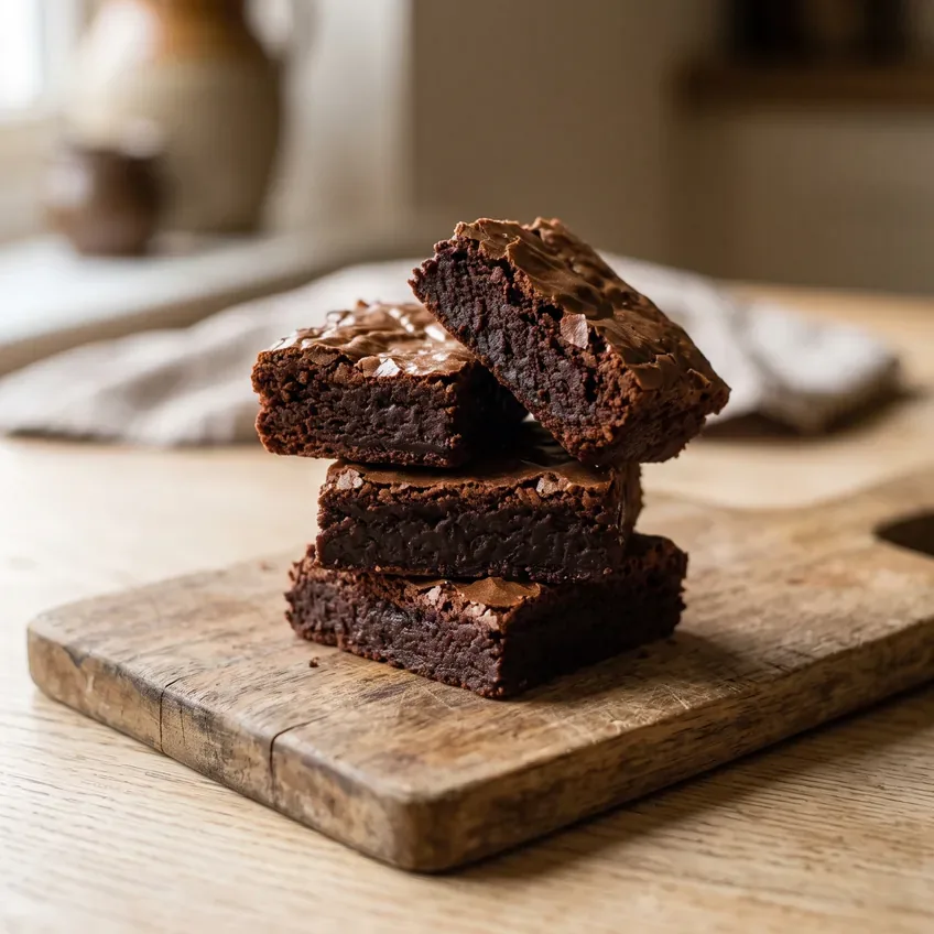 Stacked fudgy brownies on a wooden board, the top one broken open to show a dense moist centre under a shiny crackly top.