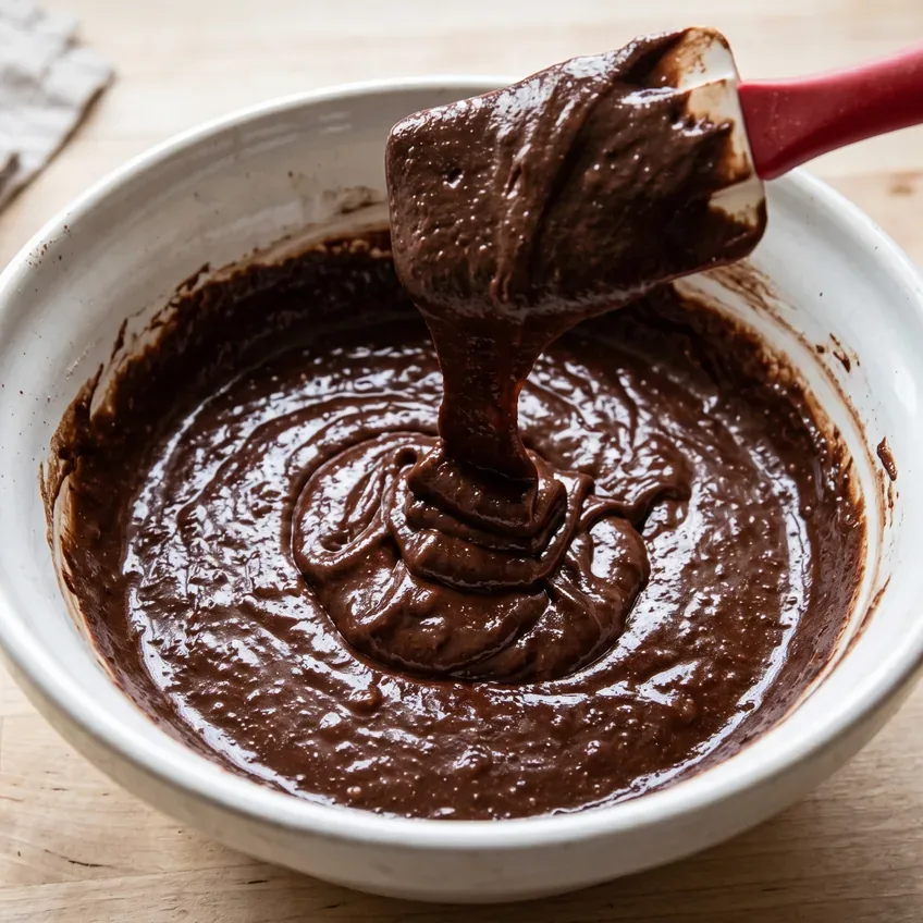 Finished brownie batter in a bowl, thick and glossy dark brown, falling slowly from a spatula with no dry flour visible.