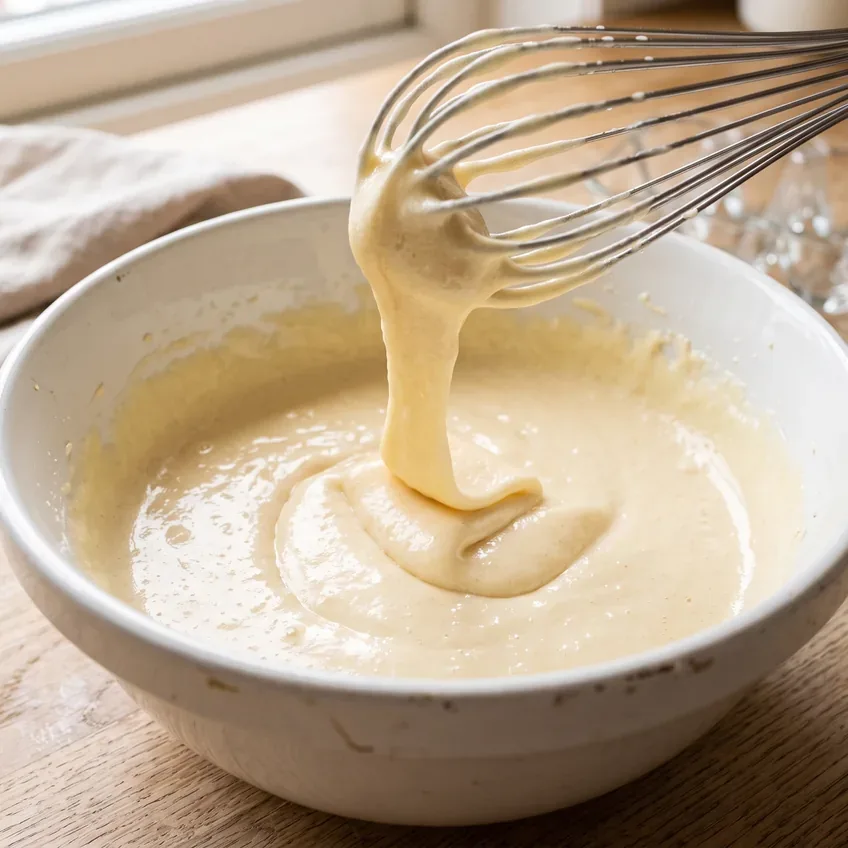 Eggs and granulated sugar whisked together in a bowl into a pale, thickened, glossy mixture that falls from the whisk in a ribbon.