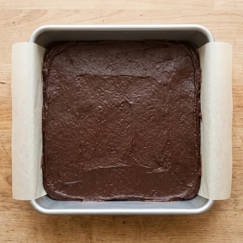Raw brownie batter spread evenly in a parchment-lined square metal baking pan, filling it a little under halfway.