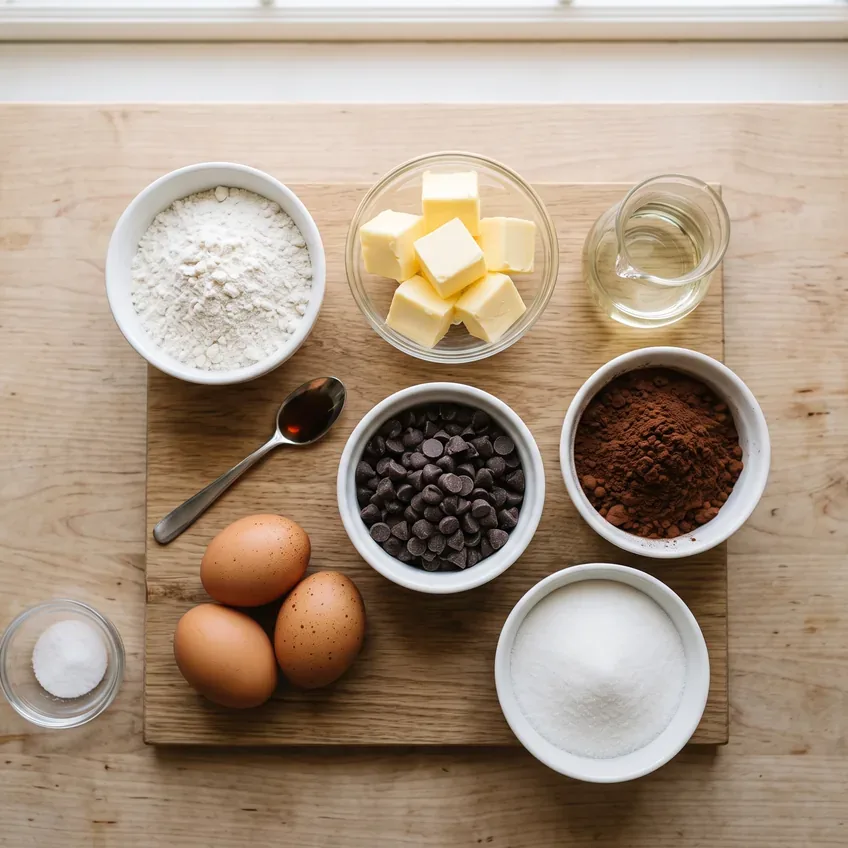 Brownie ingredients on a counter: butter, neutral oil, semi-sweet chocolate chips, cocoa powder, granulated sugar, three eggs, vanilla, flour and salt.