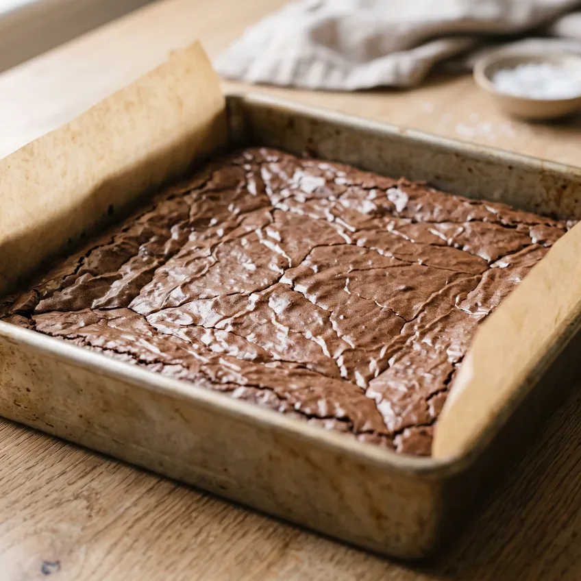 A pan of brownies straight from the oven, the top crackled and set, edges pulling slightly from the sides, centre still soft.
