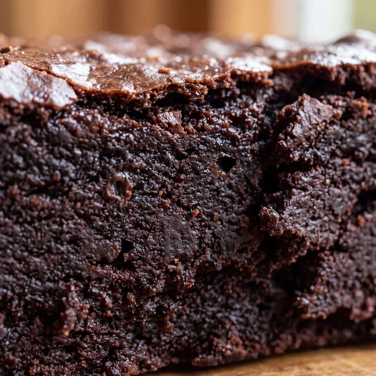 Extreme close-up of a broken brownie showing a dense, moist, fully baked centre with tight crumb and no cake-like air pockets.