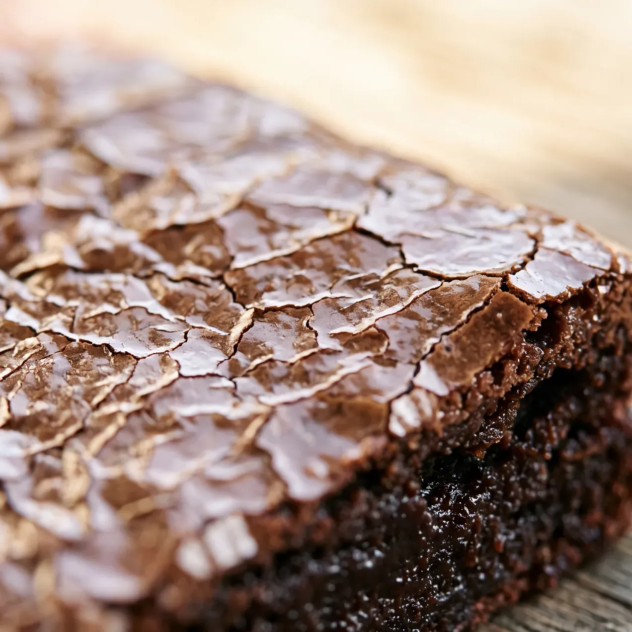 Extreme close-up of the surface of a brownie showing a thin, shiny, paper-like crackled crust over a chewy darker edge.
