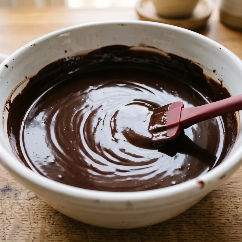 A bowl of butter, oil and chocolate melted together into a smooth, glossy, pourable dark chocolate mixture with a spatula resting in it.