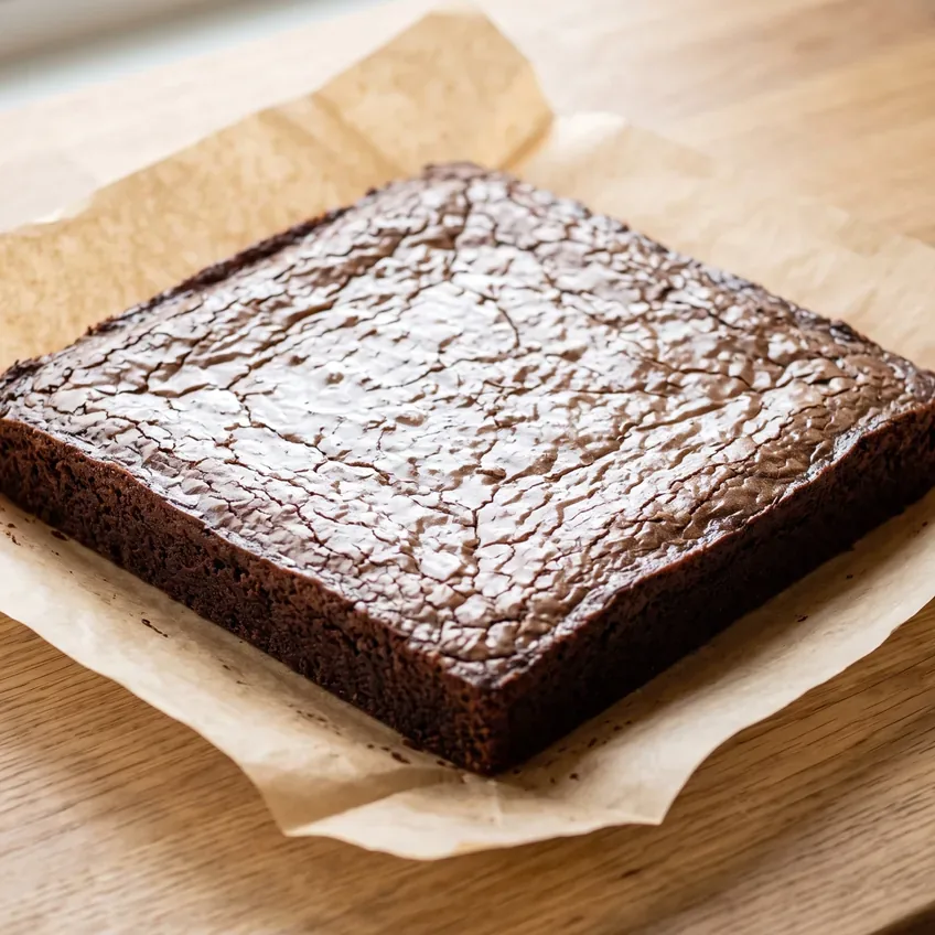 A whole pan of baked brownies lifted onto a counter by its parchment sling, the surface evenly crackled and matte-shiny.