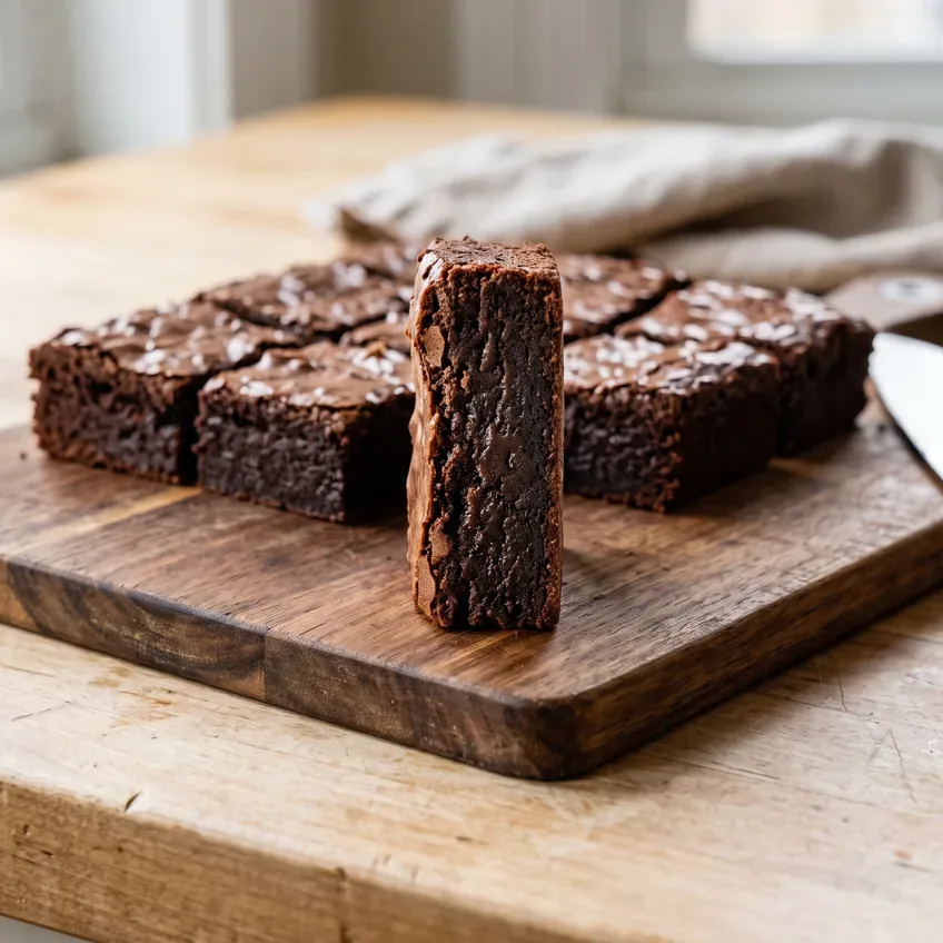 One fully cooled brownie standing on its edge beside neatly cut squares, showing a clean straight cut, shiny top and dense centre.