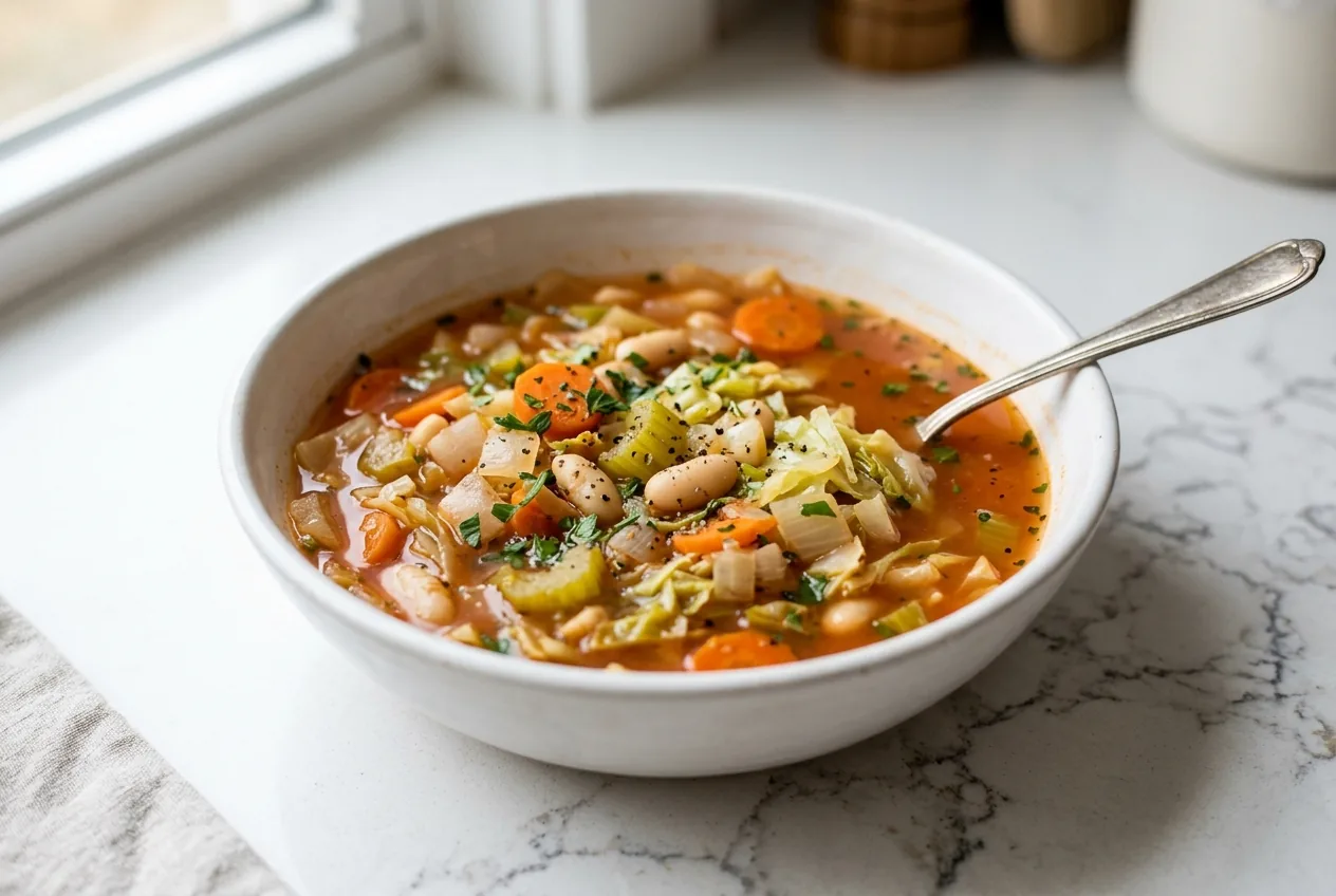 Brothy tomato cabbage soup with tender green cabbage, carrots, celery, and white beans in a light broth, in a rustic bowl
