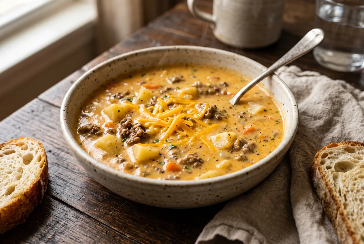 Creamy cheeseburger soup with ground beef, diced potatoes, and carrots in a thick cheddar broth, topped with a sprinkle of shredded cheddar, in a rustic bowl