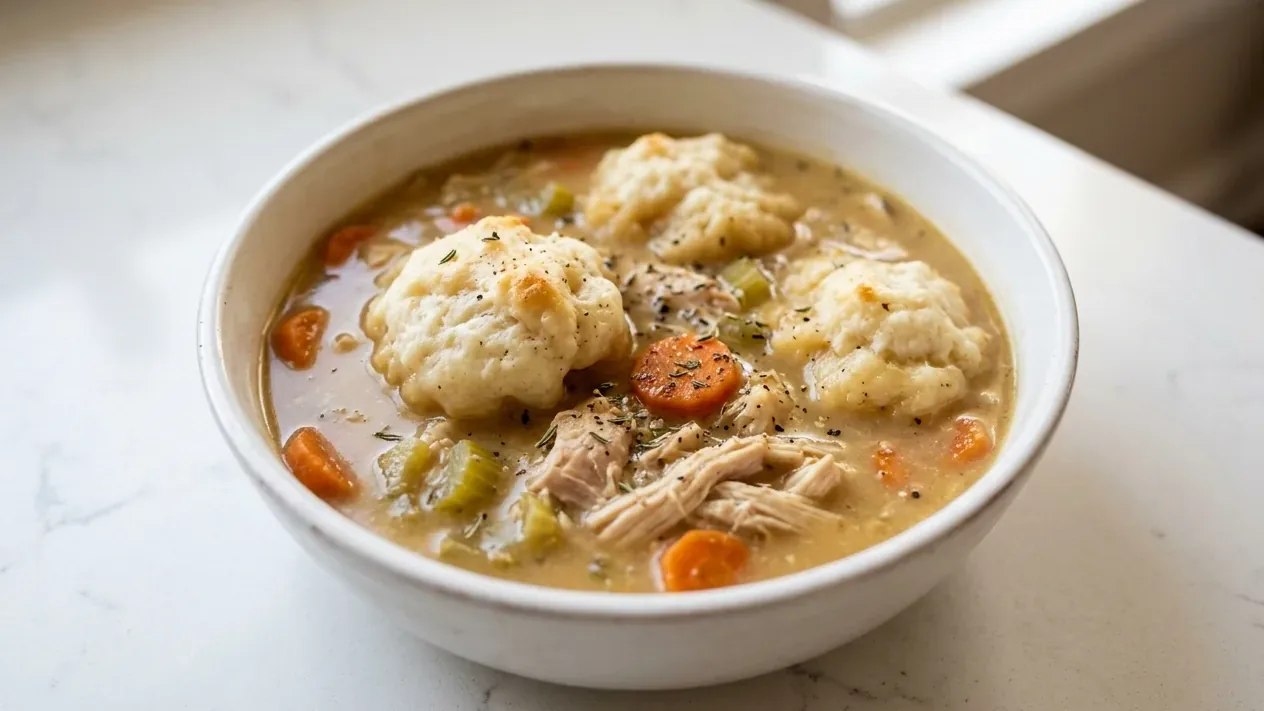 A pot of chicken and dumplings, ladled into a bowl.